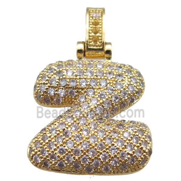 copper letter-Z pendant paved zircon, gold plated