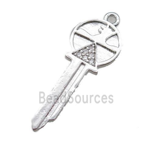 copper key pendant paved zircon, platinum plated