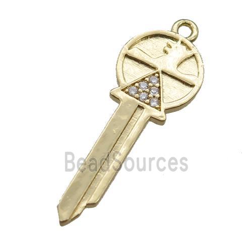 copper key pendant paved zircon, gold plated