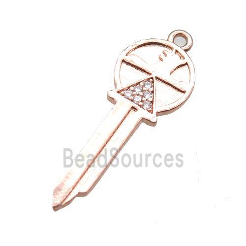 copper key pendant paved zircon, rose gold