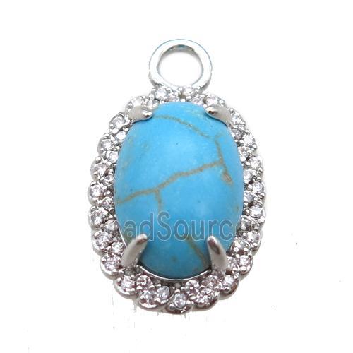 copper oval pendant paved zircon with turquoise, platinum plated