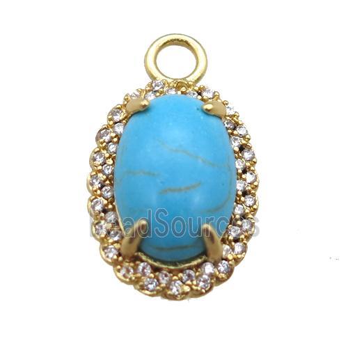 copper oval pendant paved zircon with turquoise, gold plated