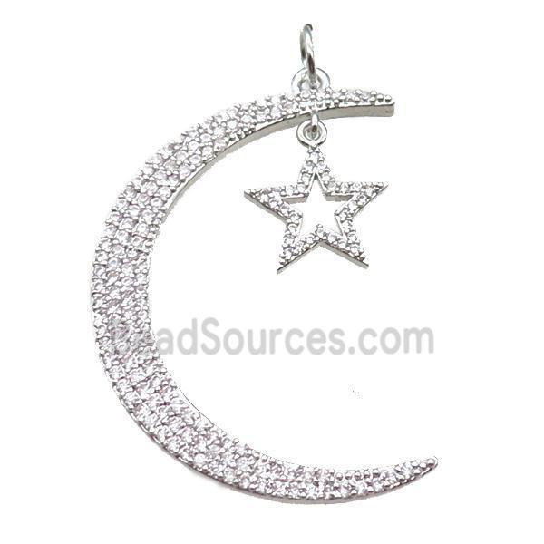 copper moon star pendant paved zircon, platinum plated