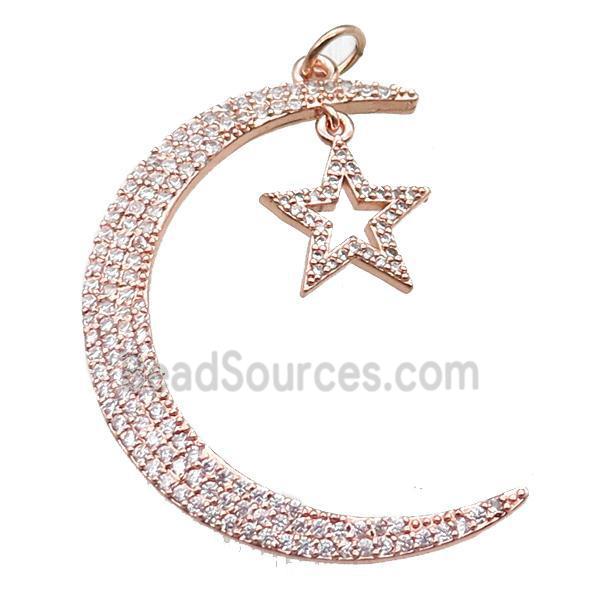 copper moon star pendant paved zircon, rose gold