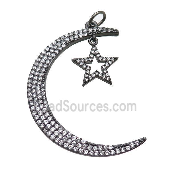 copper moon star pendant paved zircon, black gunmetal plated