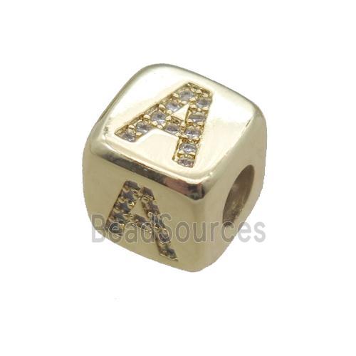 copper letter-A beads paved zircon, cube, gold plated