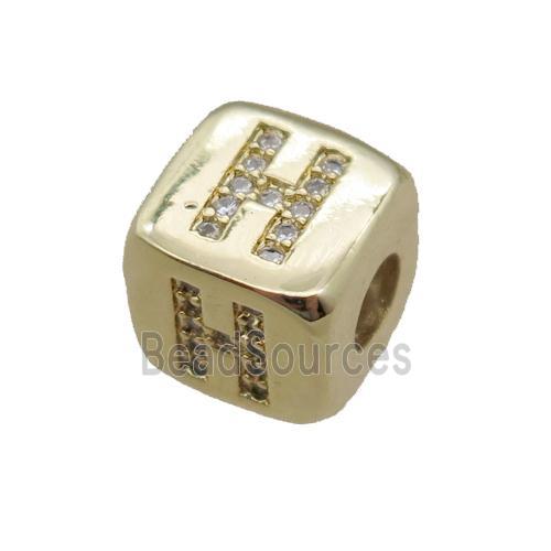 copper letter-H beads paved zircon, cube, gold plated