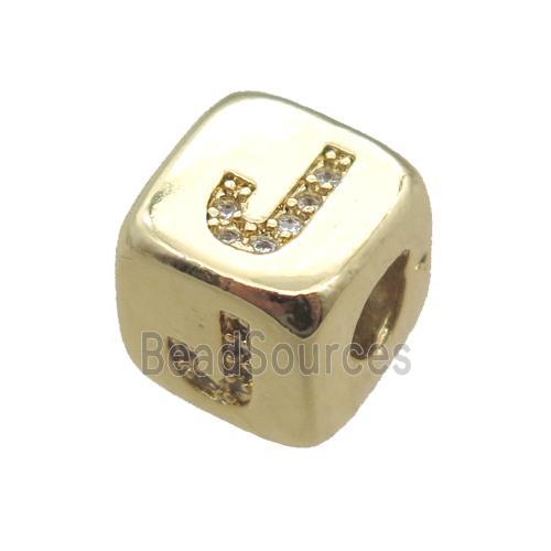 copper letter-J beads paved zircon, cube, gold plated