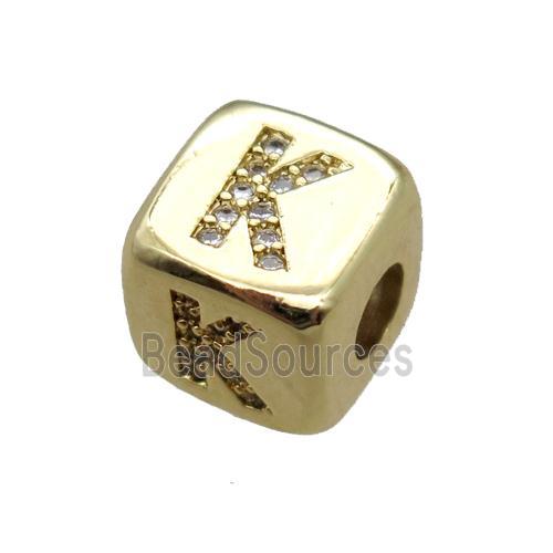 copper letter-K beads paved zircon, cube, gold plated