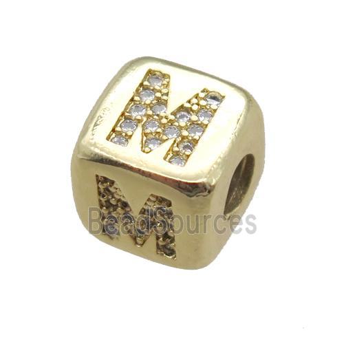 copper letter-M beads paved zircon, cube, gold plated