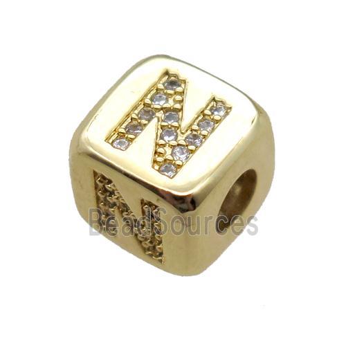 copper letter-N beads paved zircon, cube, gold plated