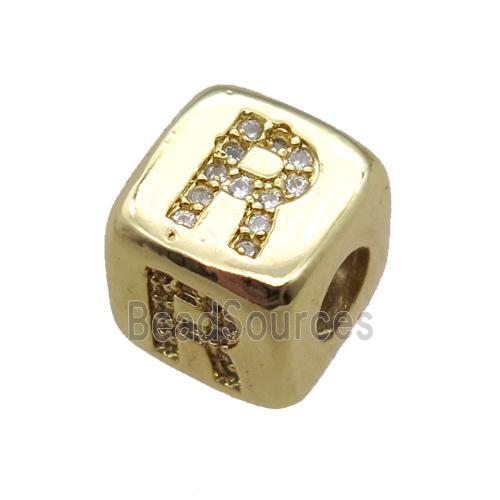 copper letter-R beads paved zircon, cube, gold plated