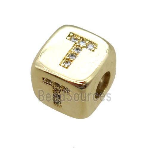 copper letter-T beads paved zircon, cube, gold plated