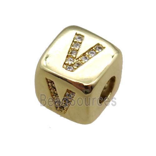 copper letter-V beads paved zircon, cube, gold plated