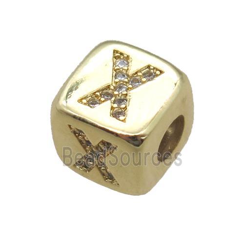 copper letter-X beads paved zircon, cube, gold plated