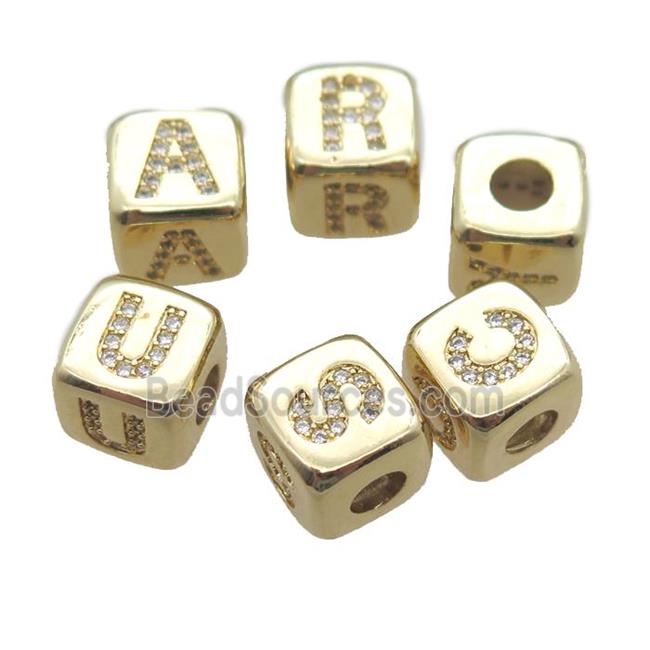 copper letter beads paved zircon, cube, mixed alphabet, large hole, gold plated