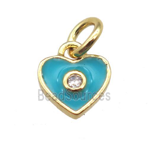 copper heart pendant paved zircon, aqua enameling, gold plated