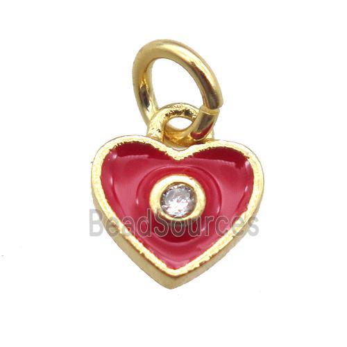 copper heart pendant paved zircon, red enameling, gold plated