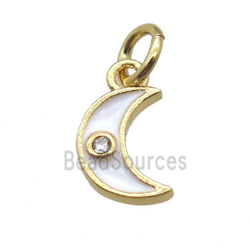 copper moon pendant paved zircon, white enameling, gold plated