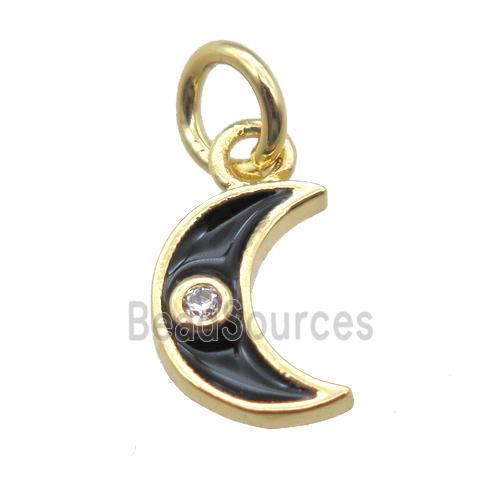 copper moon pendant paved zircon, black enameling, gold plated