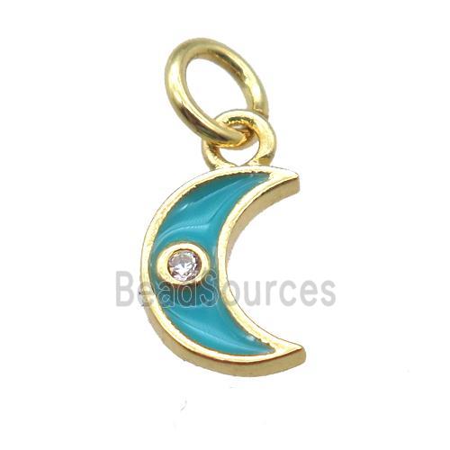 copper moon pendant paved zircon, aqua enameling, gold plated