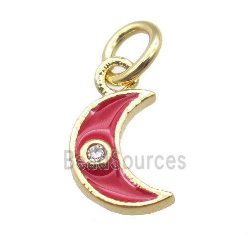 copper moon pendant paved zircon, red enameling, gold plated