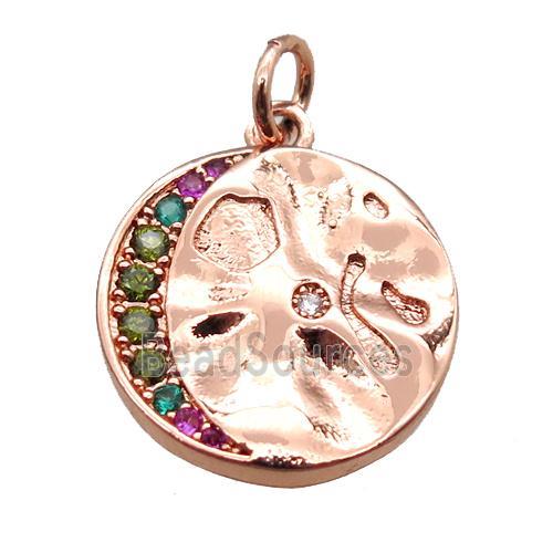 copper circle pendant paved zircon, rose gold