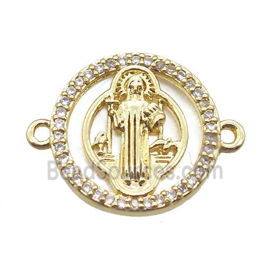 copper circle connector paved zircon, Jesus, gold plated