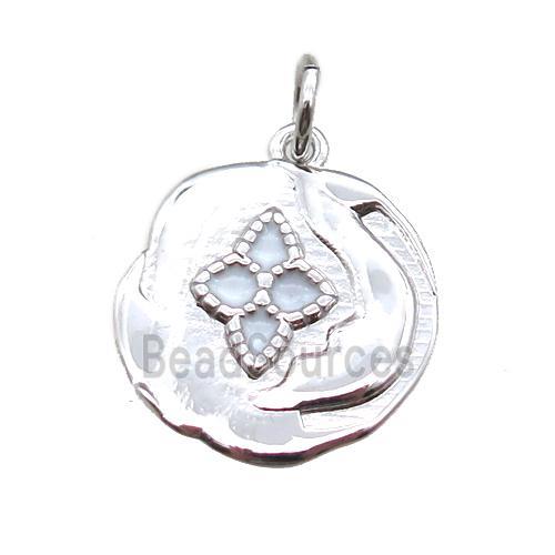 copper flower pendant with enameling, platinum plated