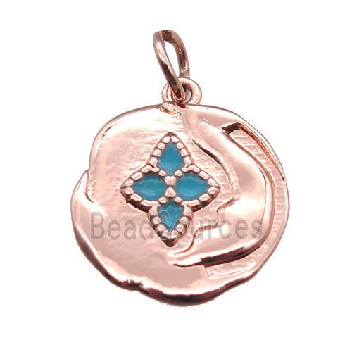 copper flower pendant with enameling, rose gold