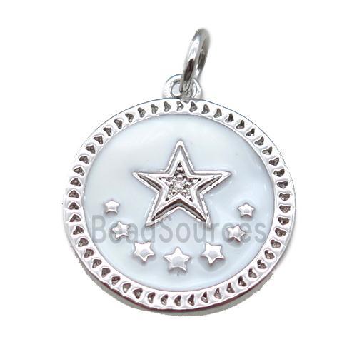 copper circle star pendant, white enameling, platinum plated