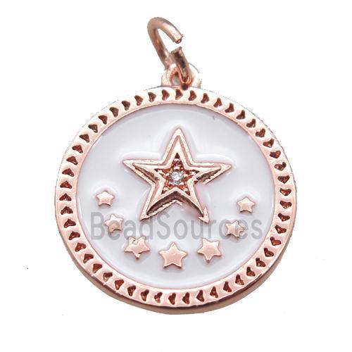 copper circle star pendant, white enameling, rose gold