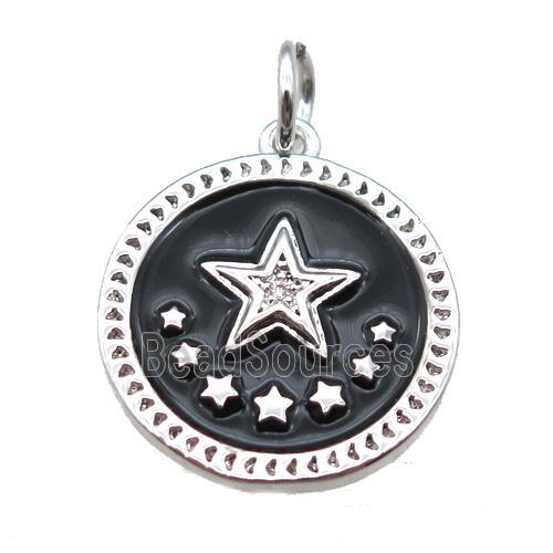 copper circle star pendant, black enameling, platinum plated