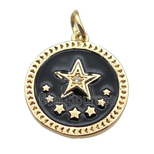 copper circle star pendant, black enameling, gold plated