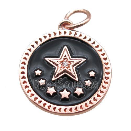 copper circle star pendant, black enameling, rose gold