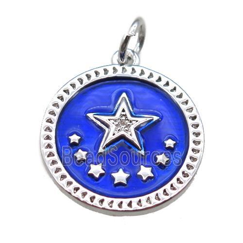 copper circle star pendant, blue enameling, platinum plated