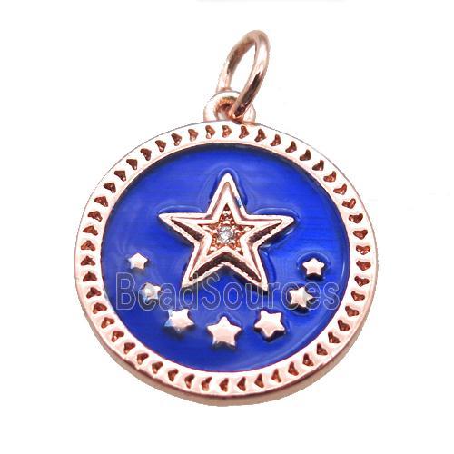 copper circle star pendant, blue enameling, rose gold