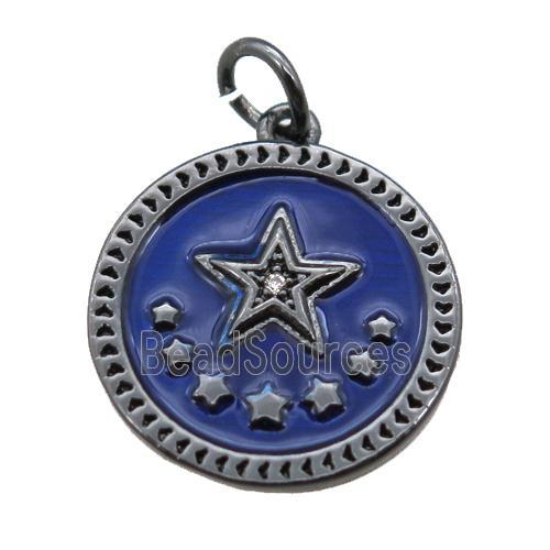 copper circle star pendant, blue enameling, black plated