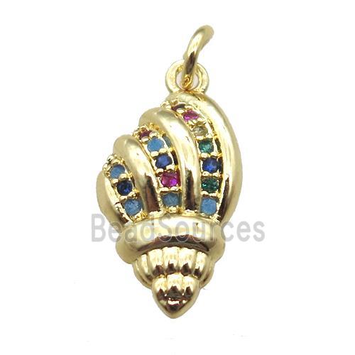 copper conch shell pendant pave zircoon, gold plated