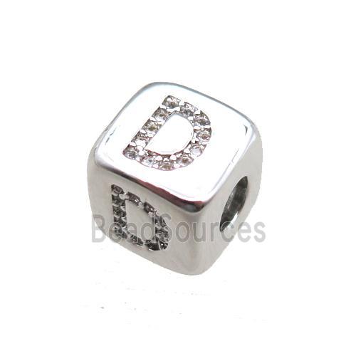 copper letter-D beads paved zircon, cube, platinum plated