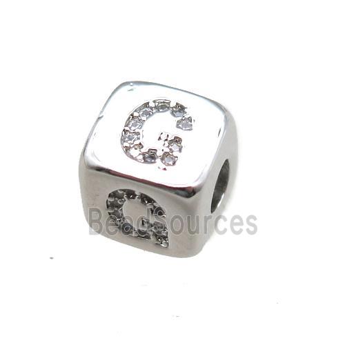 copper letter-G beads paved zircon, cube, platinum plated