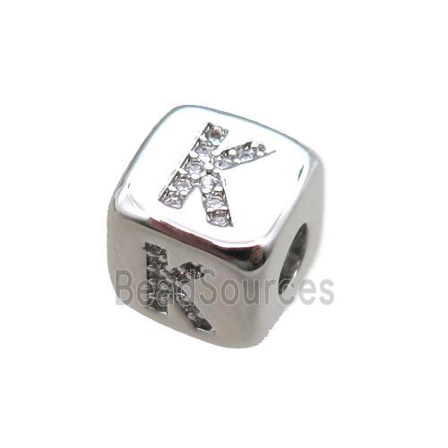 copper letter-K beads paved zircon, cube, platinum plated