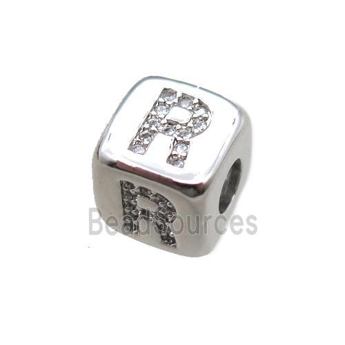 copper letter-R beads paved zircon, cube, platinum plated