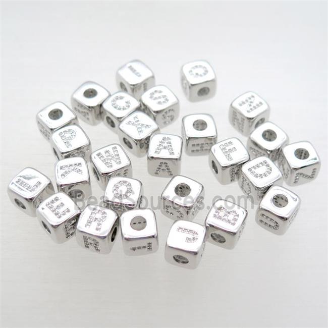 copper letter cube beads paved zircon, large hole, mixed alphabet, platinum plated