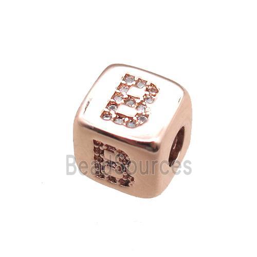 copper letter-B beads paved zircon, cube, rose gold