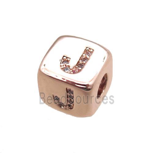 copper letter-J beads paved zircon, cube, rose gold