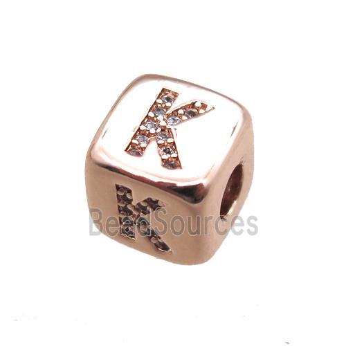 copper letter-K beads paved zircon, cube, rose gold