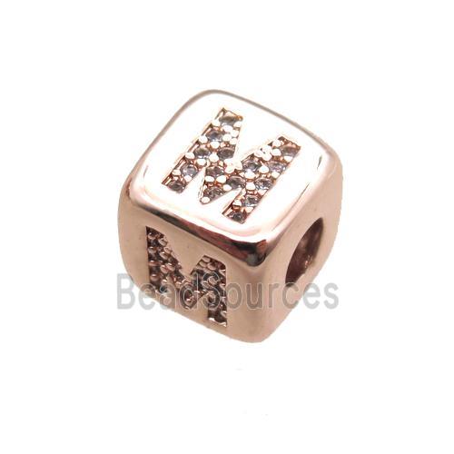 copper letter-M beads paved zircon, cube, rose gold