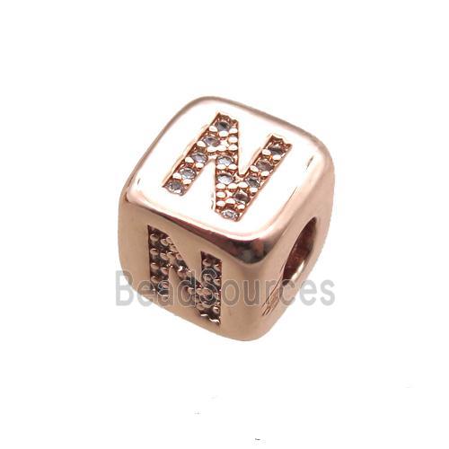 copper letter-N beads paved zircon, cube, rose gold