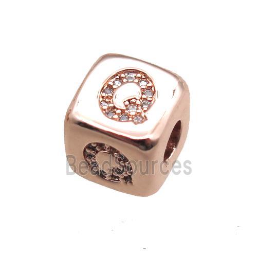 copper letter-Q beads paved zircon, cube, rose gold